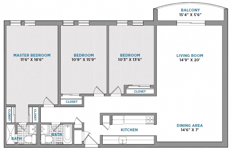 Floor plan for 3 beds, 2 baths, 1490 sqft